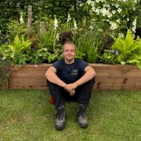 Sat in front of my Windsor Flower Show Garden: A garden to celebrate the healing attributes of singing bowls and green spaces. 